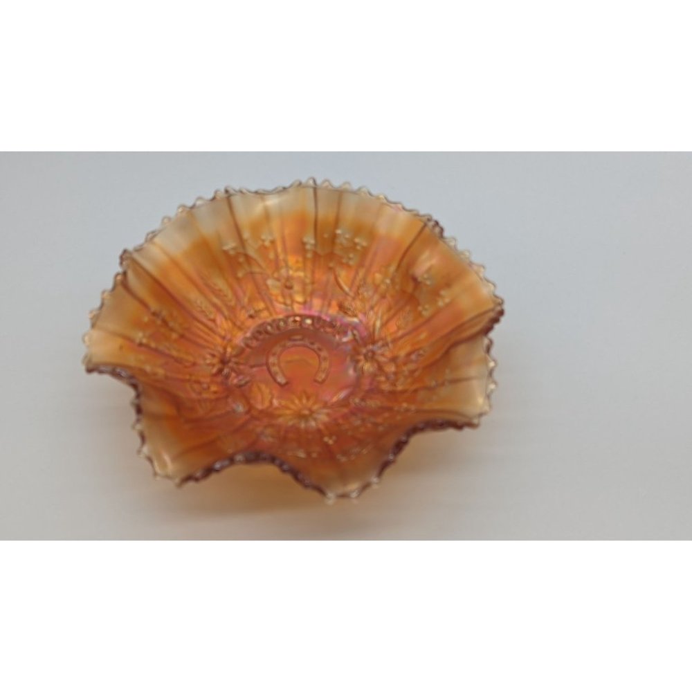 Northwood Good Luck Ruffled Bowl Ribbed Back Carnival Glass Vintage